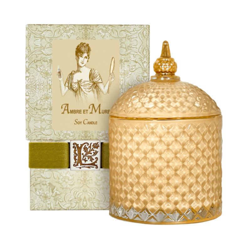 Ambre et Mure Luxury Soy Candle in decorative glass jar with packaging.