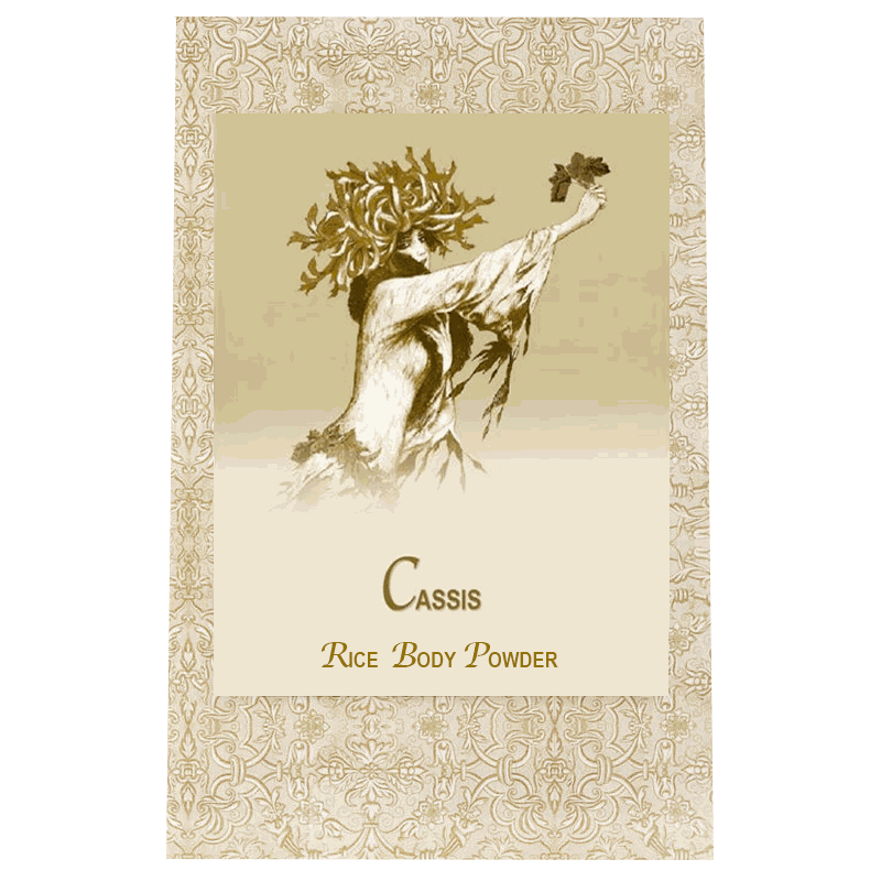 Cassis Rice Body Powder Refill 8oz. design featuring vintage illustration and ornate border.