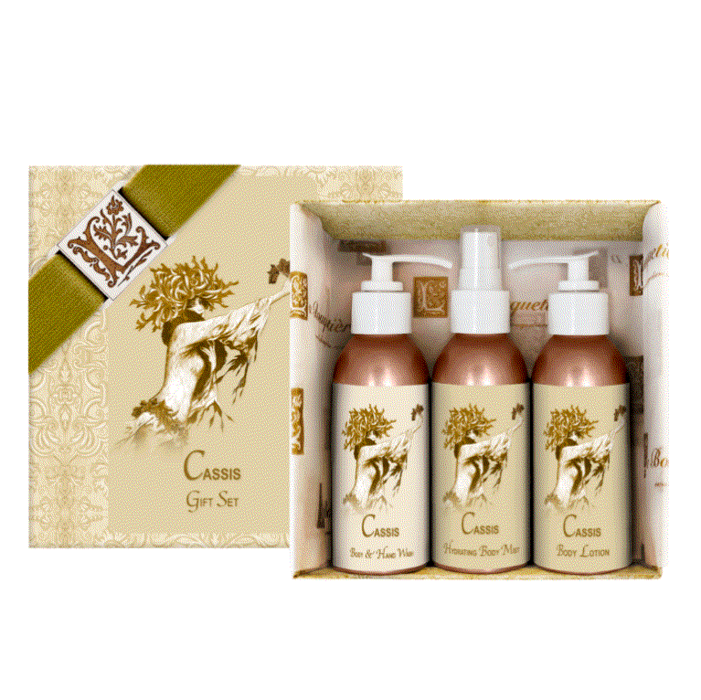 Cassis Gift Set in elegant packaging with body lotion, hydrating mist, and hand wash.