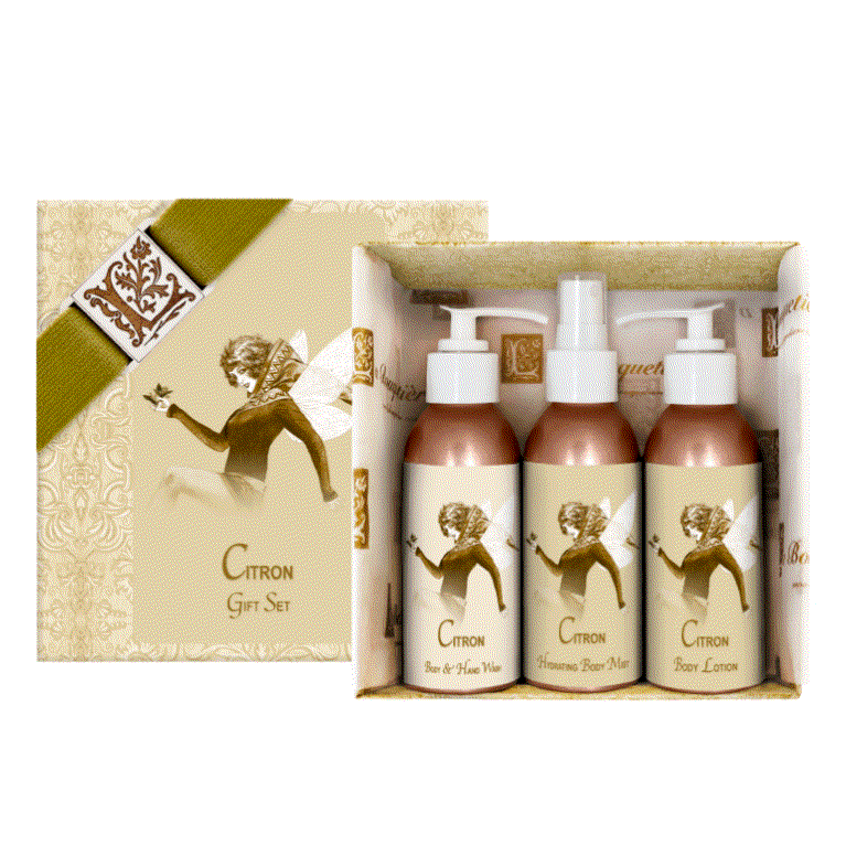 Citron Gift Set featuring body lotion, hydrating mist, and hand wash in elegant packaging.