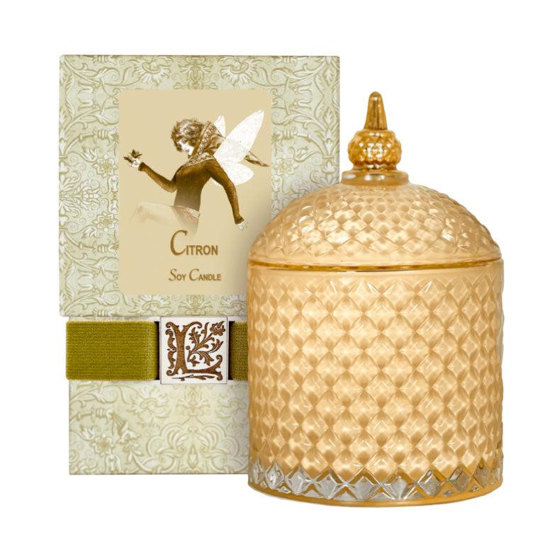 Citron Luxury Soy Candle in elegant glass jar, 70-hour burn time, cruelty-free, eco-friendly.