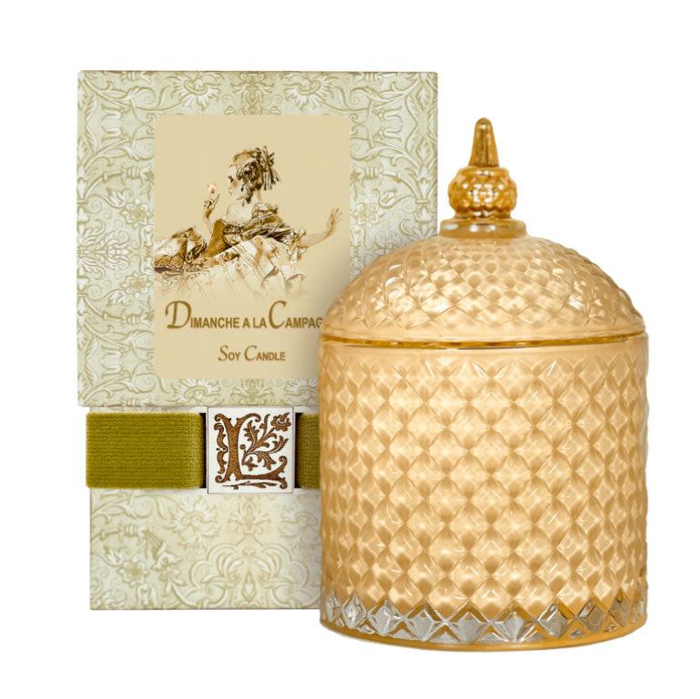 Dimanche a la Campagne Luxury Soy Candle in handcrafted glass jar, elegant packaging.