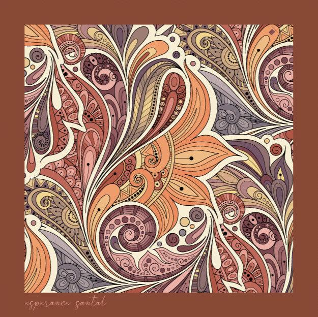 Esperance Santal Scarf with intricate paisley design in warm tones, silk blend.