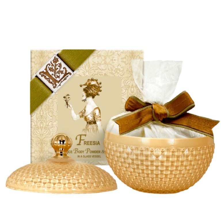Ladies Body Powder – Freesia Fragrance with Puff in Glass Vessel 6oz.
