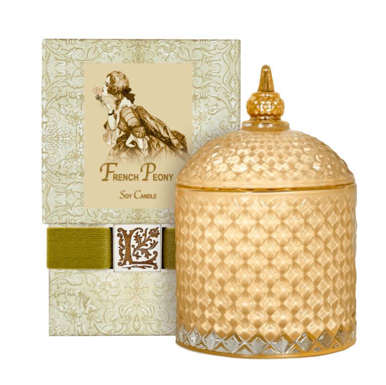 French Peony Luxury Soy Candle in decorative glass jar with elegant packaging.