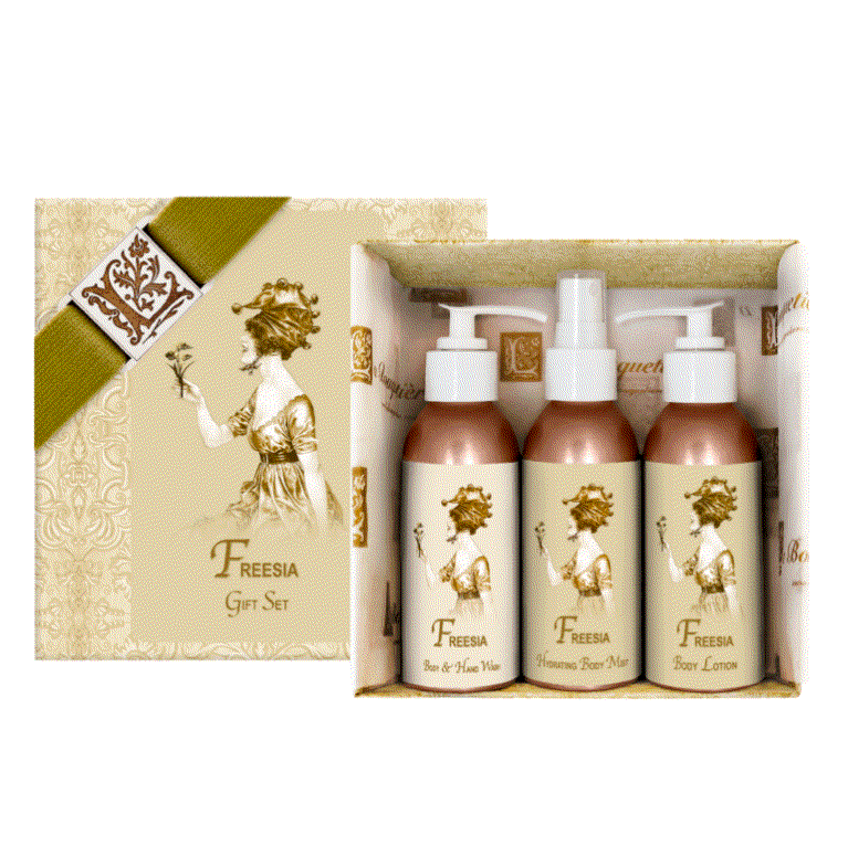 Freesia Gift Set with body lotion, hydrating mist, body wash, in elegant gift box.