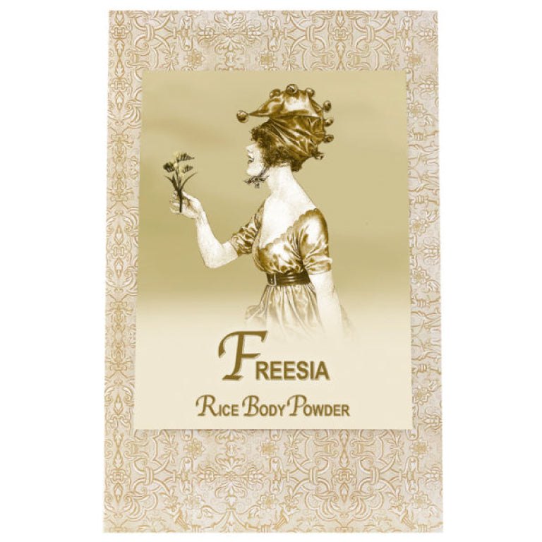 Freesia Rice Body Powder Refill 8oz with vintage design, offering hydration with rice and corn powder, enriched with vitamin E.