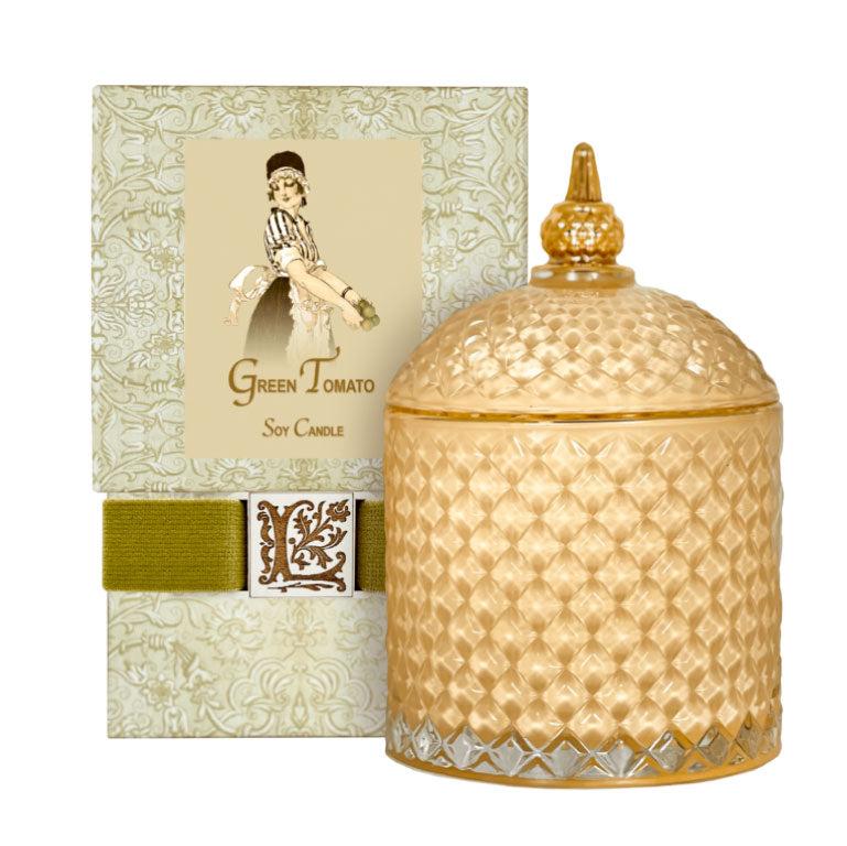 Green Tomato Luxury Soy Candle in elegant textured jar, premium packaging.