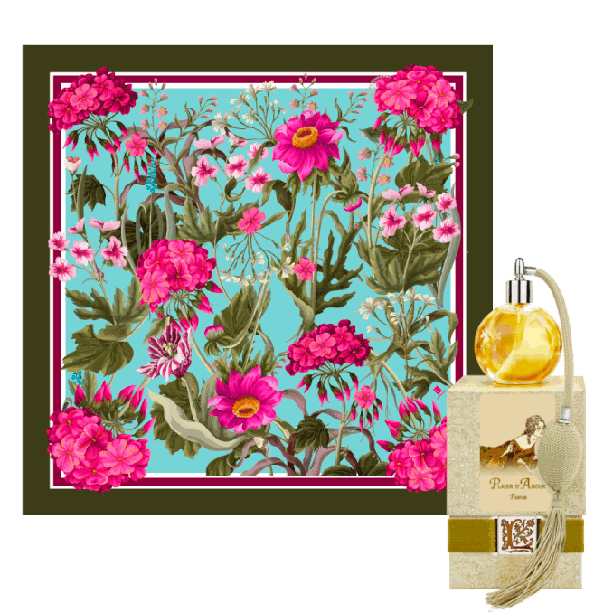 Luxury scarf with floral pattern and hand-rolled edges.