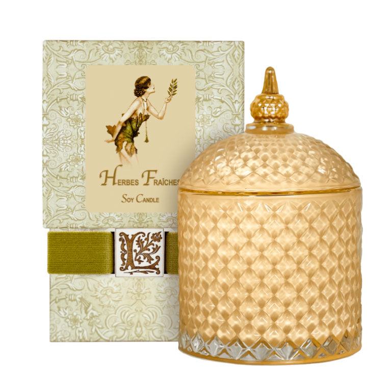 Herbes Fraiches Luxury Soy Candle in decorative glass jar with box, crafted by La Bouquetiere.