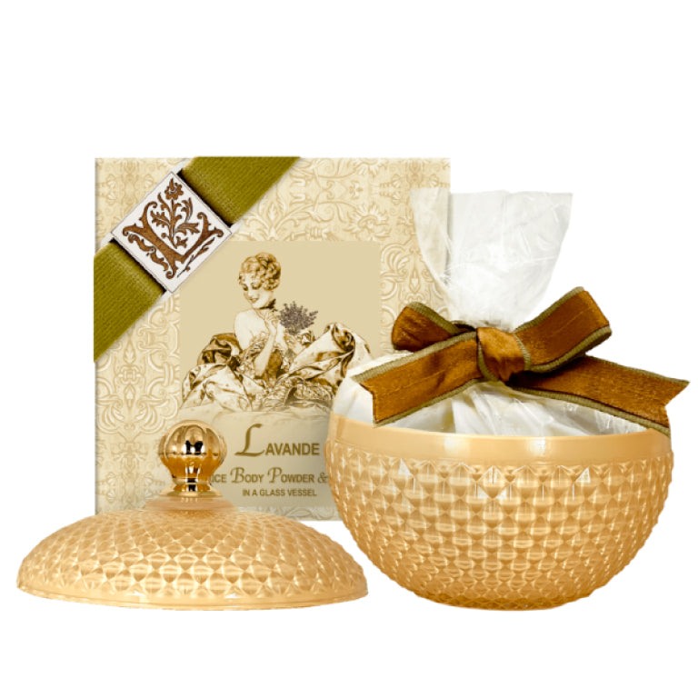 Lavender Body Powder – Lavande Scent in Elegant Glass Vessel with Puff
