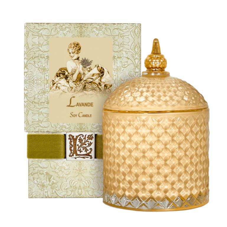 Lavande Luxury Soy Candle in elegant glass jar with decorative gift box.
