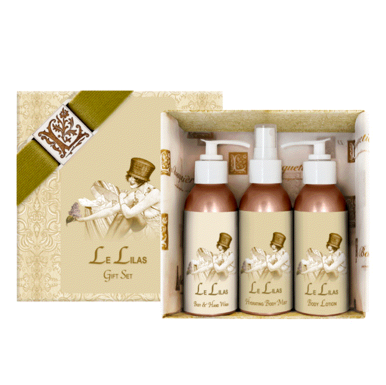 French Lilac Gift Set with lotion, mist, and wash in a decorative box.