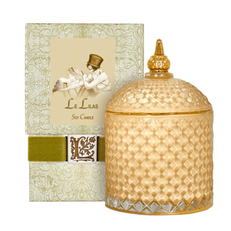 French Lilac Luxury Soy Candle in ornate gold jar and decorative box.