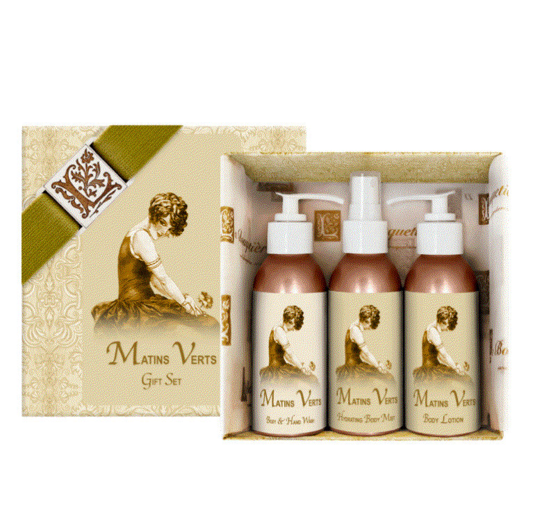 Matins Verts Gift Set in elegant packaging with three aluminum dispensers.