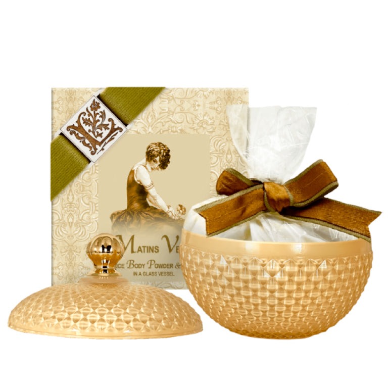 Mandarin Body Powder – Matins Verts in 6oz Glass Vessel with Puff...