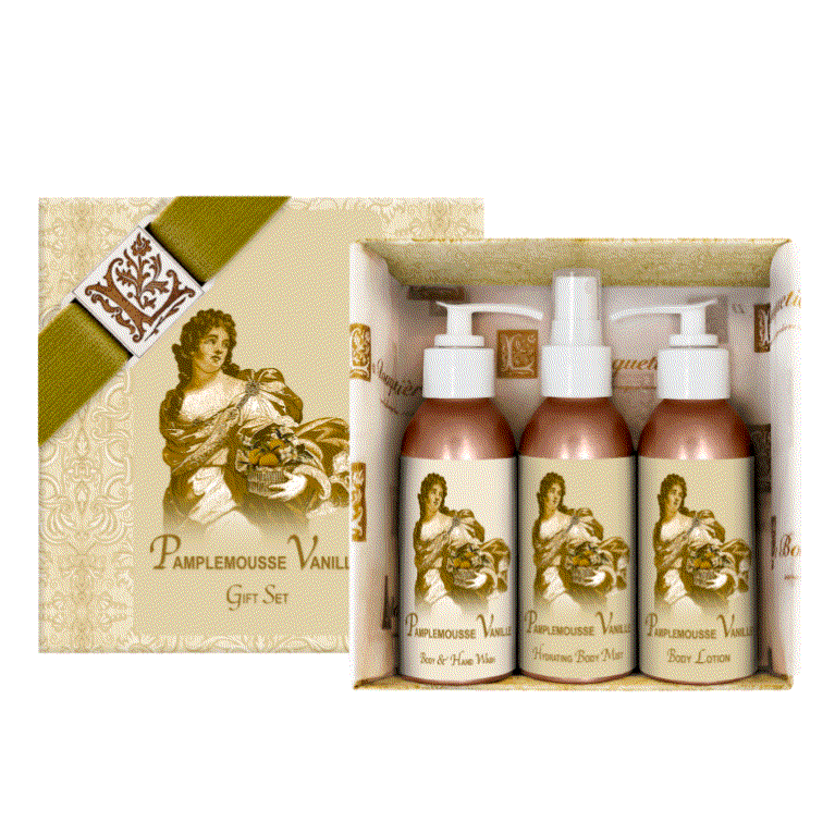 Pamplemousse Vanille Gift Set with body lotion, hydrating mist, and wash in elegant packaging.
