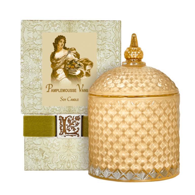 Pamplemousse Vanille luxury soy candle in elegant glass jar with packaging.
