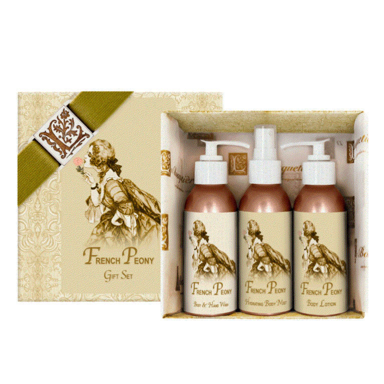 French Peony Gift Set with lotion, mist, and wash in decorative box.