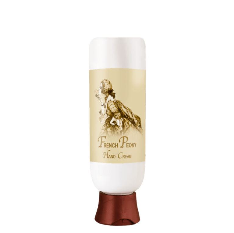 French Peony Hand Cream tube with illustrated label and brown cap, 4 oz.
