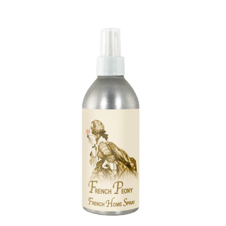 French Peony French Home Spray 8oz bottle with vintage-style label, designed for an enchanting room ambiance.