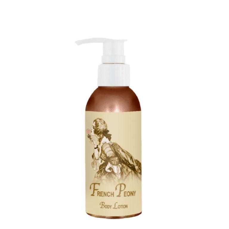 French Peony Body Lotion 4oz bottle with girl illustration and pump dispenser.