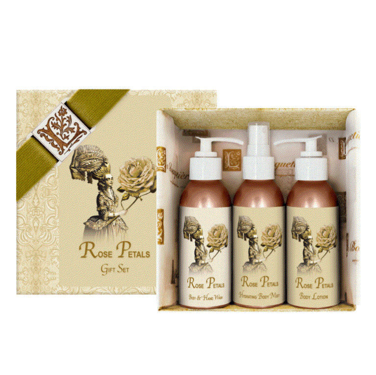 Rose Petals Gift Set with lotion, mist, and wash in decorative box.