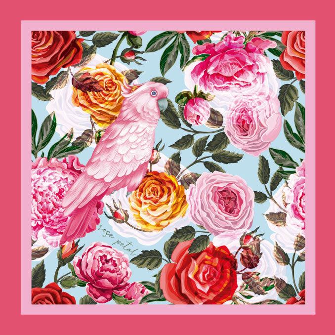 Silk blend rose petal scarf with floral and bird design, hand-rolled edges.