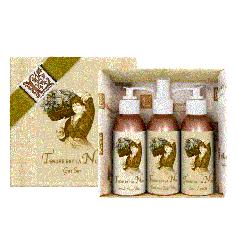 Tendre est la Nuit Gift Set with body lotion, hydrating mist, and body wash in elegant gift box.