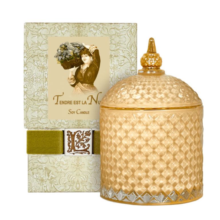 Tendre est la Nuit Luxury Soy Candle in ornate glass jar with decorative packaging.