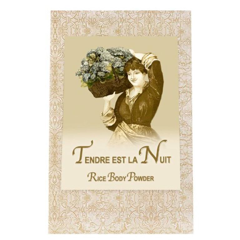 Tendre est la Nuit Rice Body Powder Refill 8oz packet with vintage design and floral illustration.