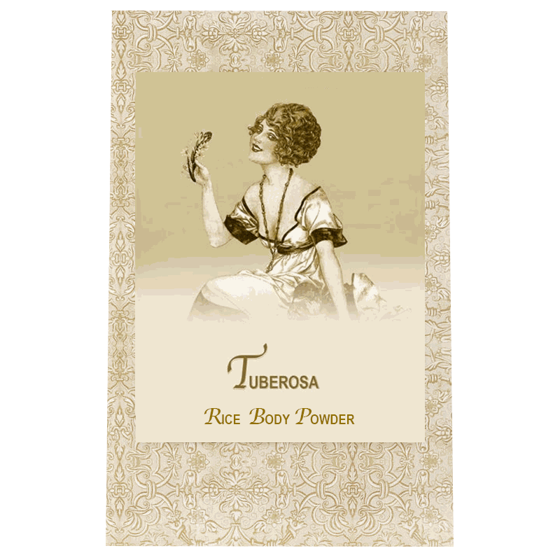 Tuberosa Rice Body Powder Refill packaging with vintage illustration, 8oz.