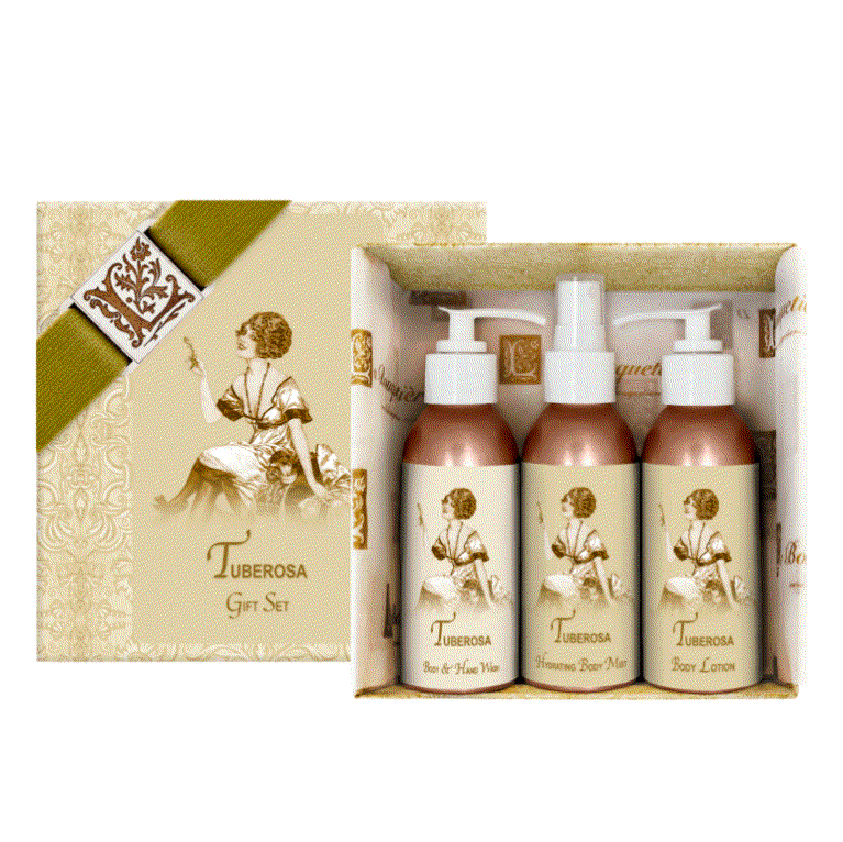Tuberosa Gift Set with body lotion, mist, and wash in elegant gift box.