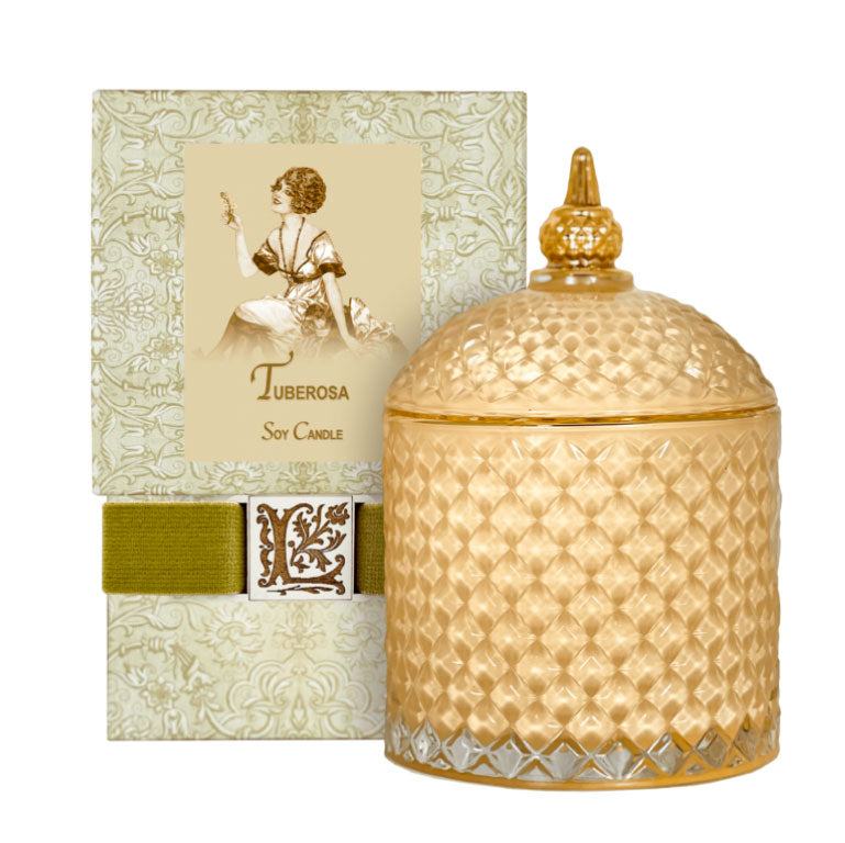 Tuberosa Luxury Soy Candle in elegant textured glass jar, designed by La Bouquetiere, with packaging.