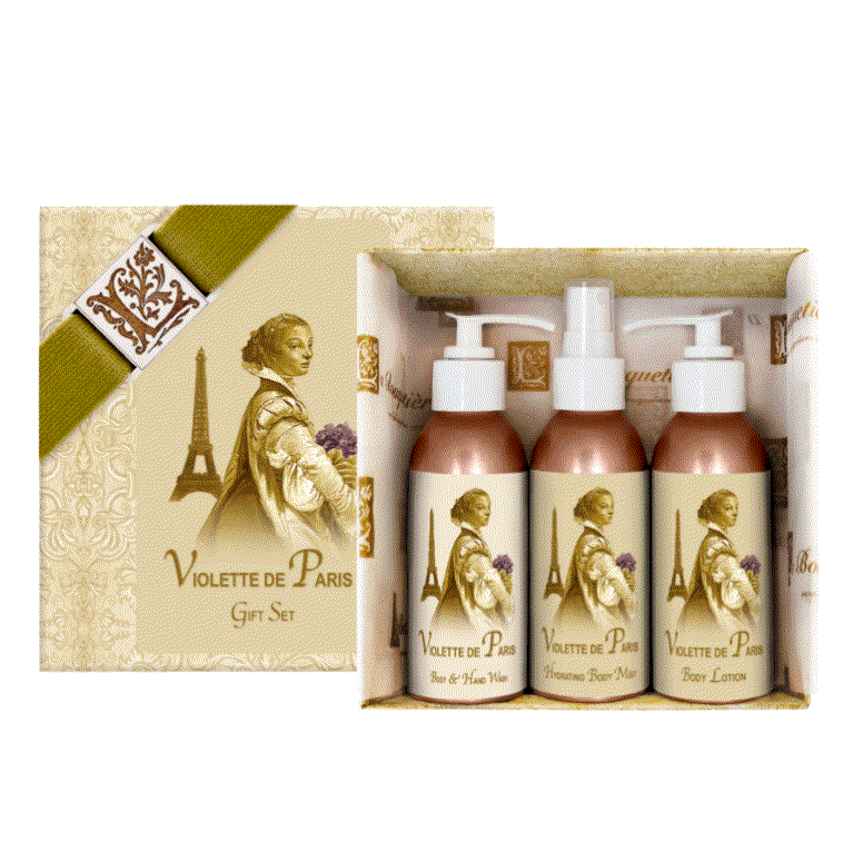 Violette de Paris Gift Sets with body lotion, hydrating mist, and hand wash in elegant packaging.