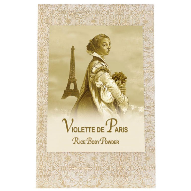 Violette de Paris Rice Body Powder Refill packaging with Eiffel Tower illustration.