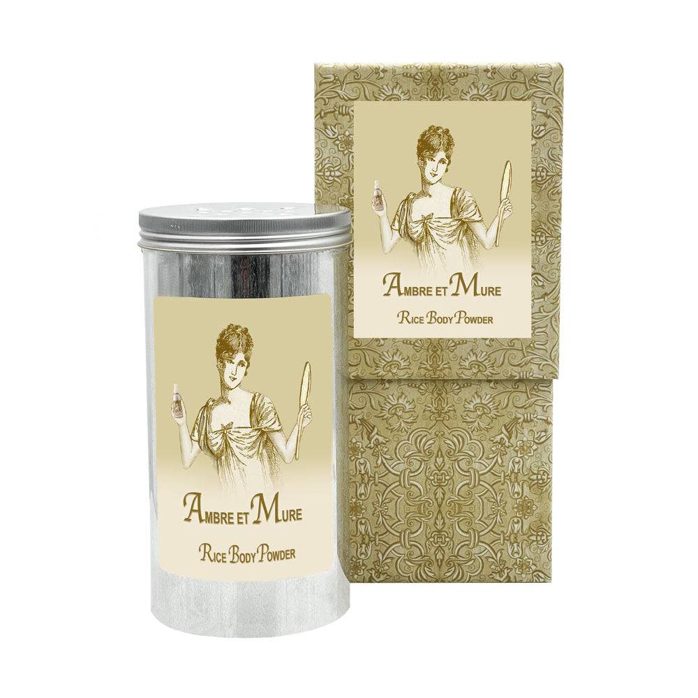Ambre et Mure Rice Body Powder in aluminum canister with decorative label.