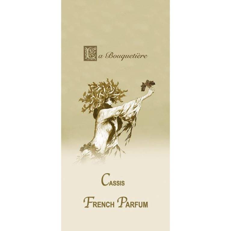 Cassis scented card with design by La Bouquetiere, featuring cassis, vetiver, orchid-vanilla notes; cruelty-free; fragrances made in France.