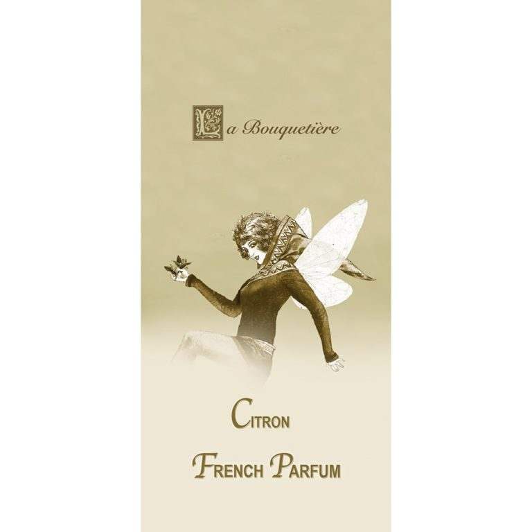 Citron scented card featuring a fairy illustration, not tested on animals, designed by La Bouquetiere in California.