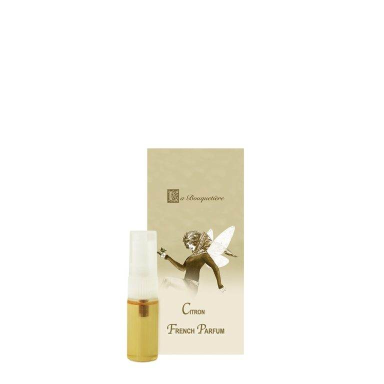 Citron Parfum Sample Spray 0.1oz bottle with packaging, notes of citron, incense, and greens, made in France, not tested on animals.