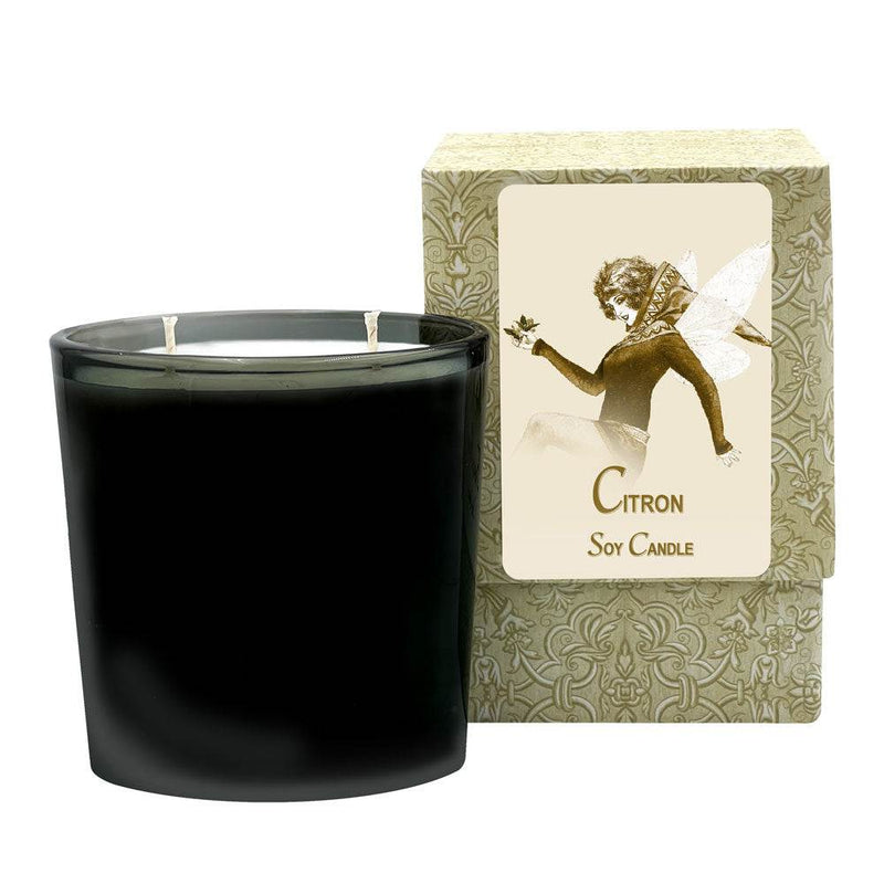 Citron Medium Candle in handmade glass jar, burns 60-70 hours, clean burning with citron and incense notes.
