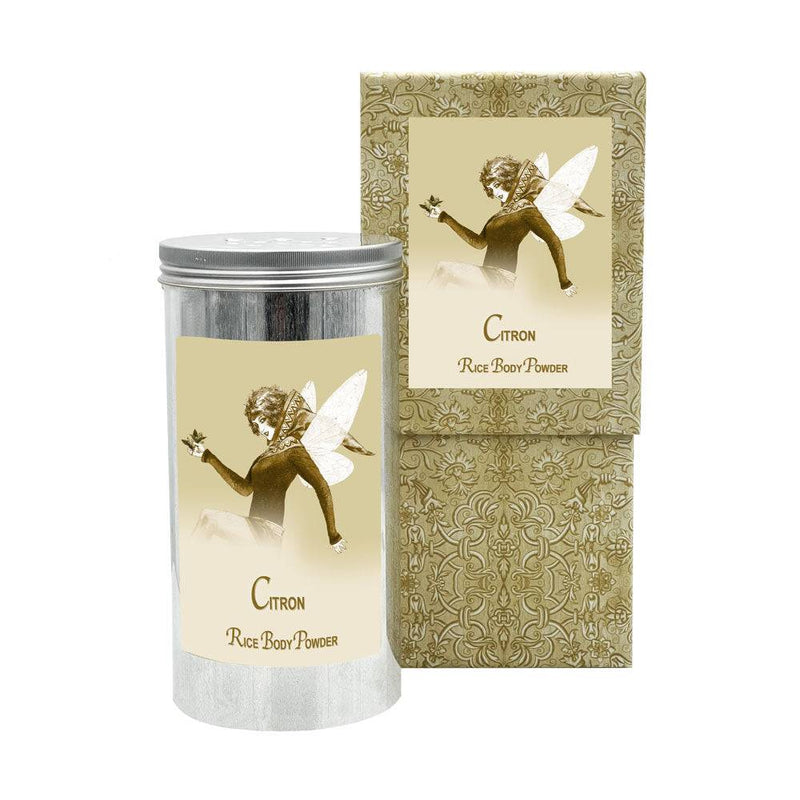 Citron Rice Body Powder in Aluminum Canister with decorative packaging.