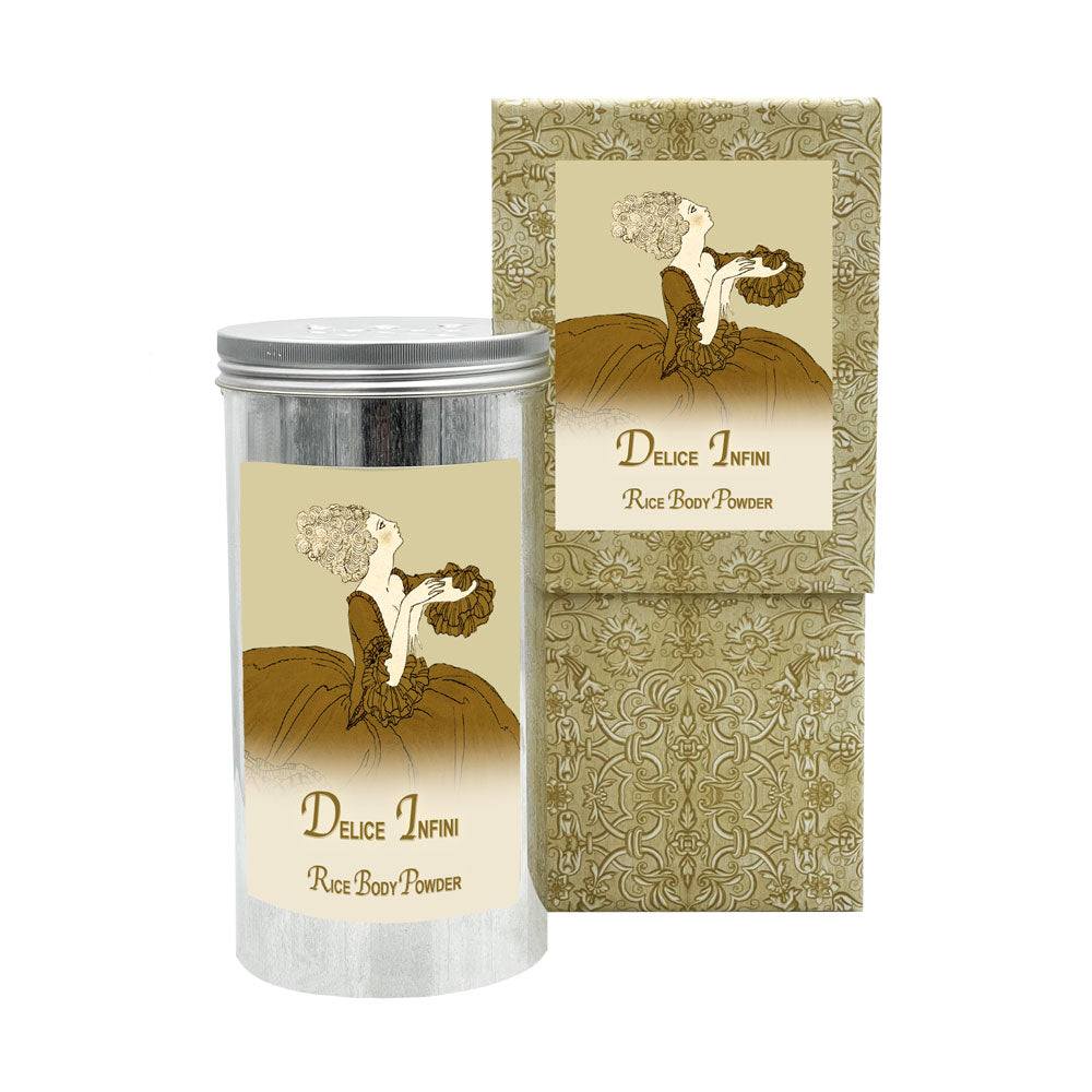 Delice Infini Rice Body Powder in aluminum canister with elegant packaging.