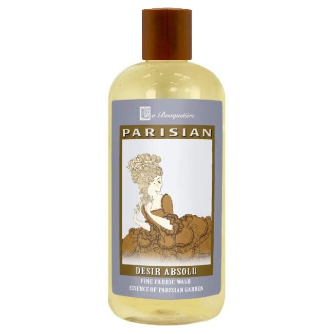 Desir Absolu Fine Fabric Wash 19oz bottle with premium French detergent, plant-based ingredients, and natural essential oils.