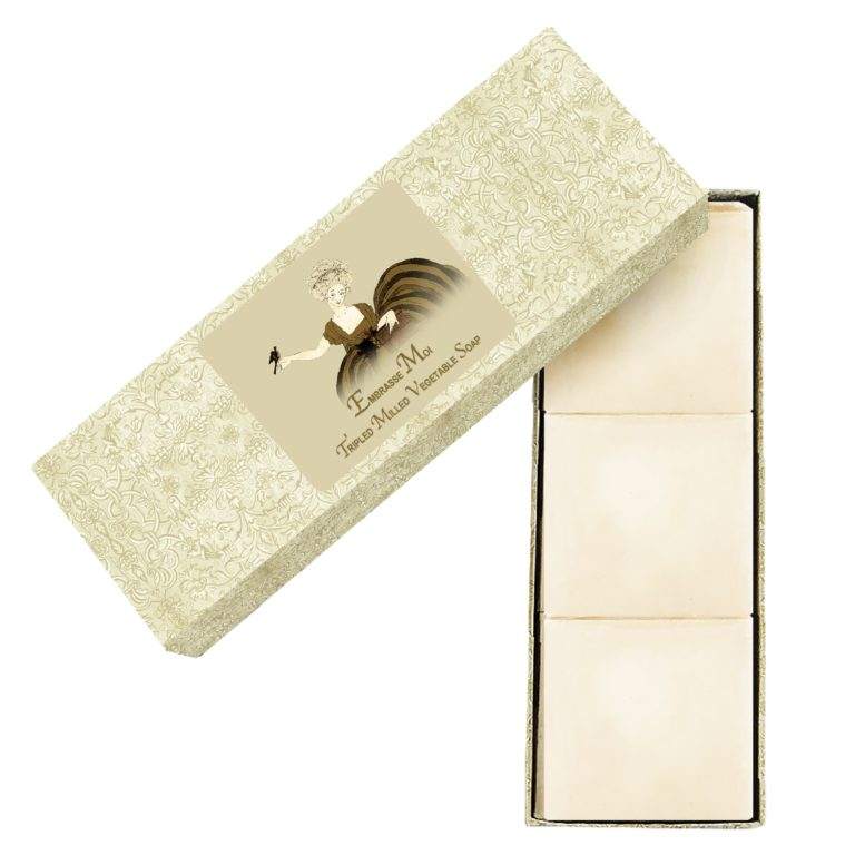 Embrasse Moi Tripled Milled Vegetable Soap set of 3 in elegant packaging.