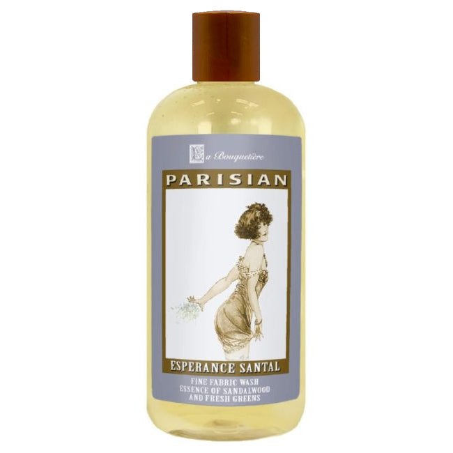 Esperance Santal Fine Fabric Wash 19oz bottle with Parisian design label, eco-friendly and plant-based ingredients.