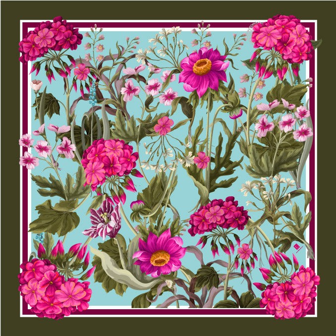 Luxury floral scarf with vibrant pink and green botanical design.
