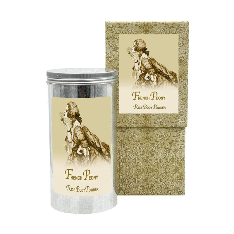 French Peony Rice Body Powder in aluminum canister with elegant packaging.