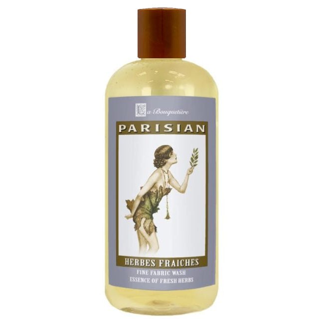 Herbes Fraiches Fine Fabric Wash 19oz bottle with natural French and essential oils, designed for sensitive skin and eco-friendly use.
