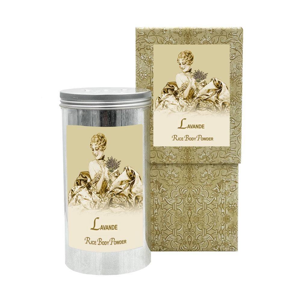 Lavande Rice Body Powder in aluminum canister with decorative packaging.